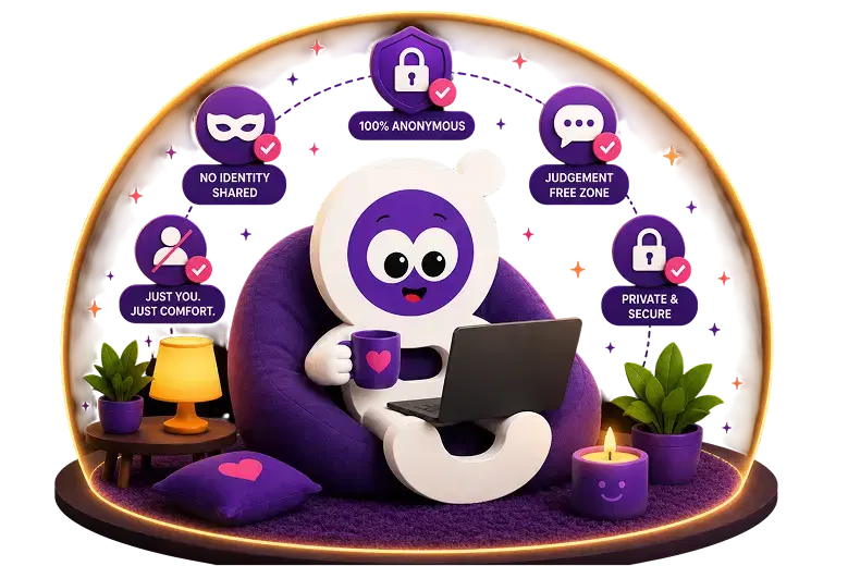 Aura mascot relaxing with a laptop